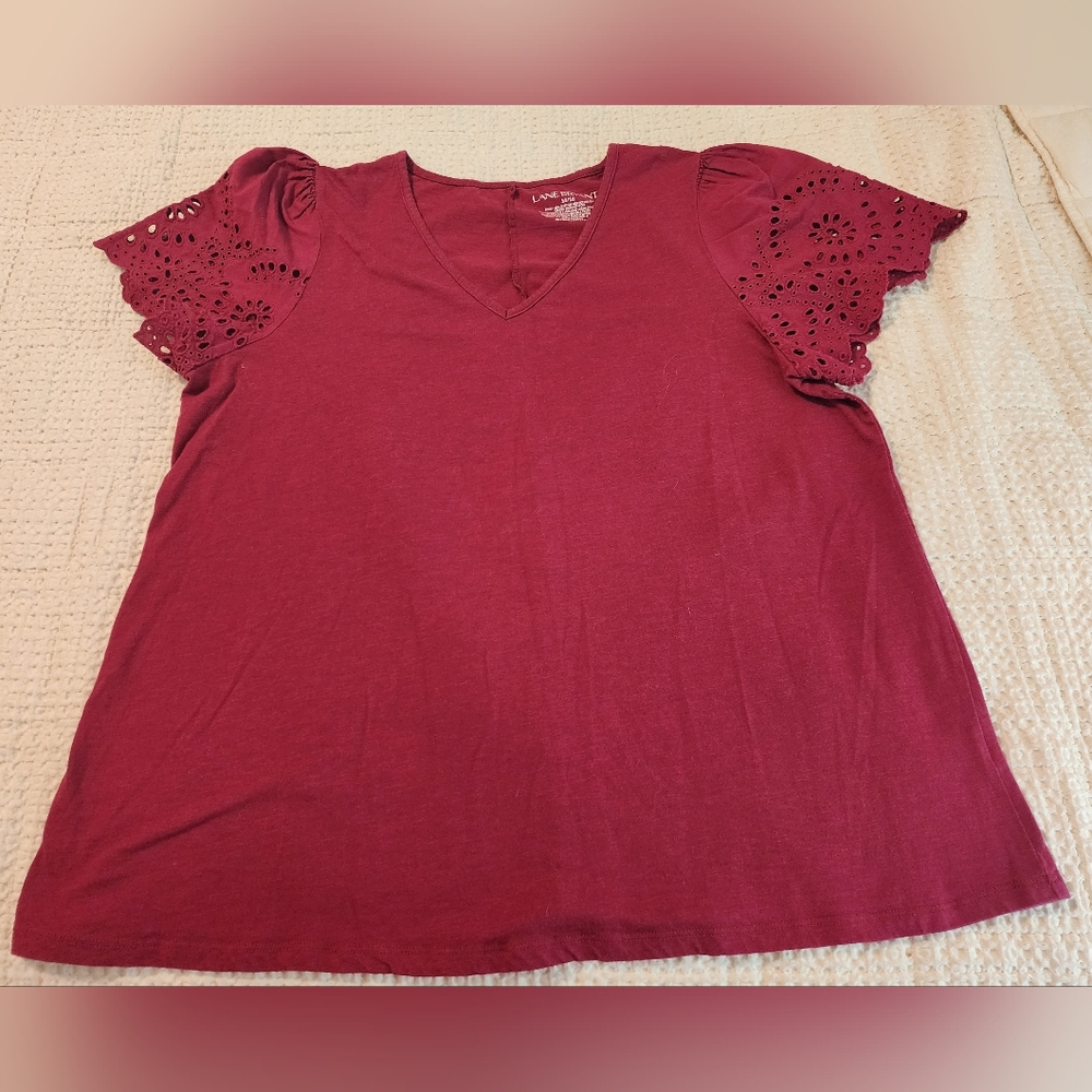 Lane Bryant Women's Plum Pink Embroidered Eyelet Sleeve Tee 14/16 Cottagecore
